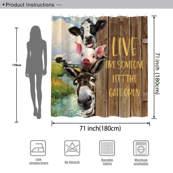 1pc Farmhouse-Style Animal Bath Curtain with Inspirational Quote, Durable Polyester Fabric, Machine Washable, Vintage Wooden Board Design with Cows, Donkeys, Pigs, Includes Grommet Hooks for Easy Hanging - All Season Bathroom Decor - Image 4