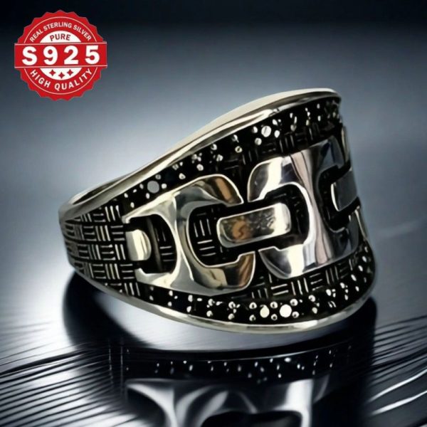 Vintage Style 925 Sterling Silvery Men's Ring, Agate Design, Unique Handmade Gothic Chain Pattern Jewelry, Men's Personality Ring - Image 7