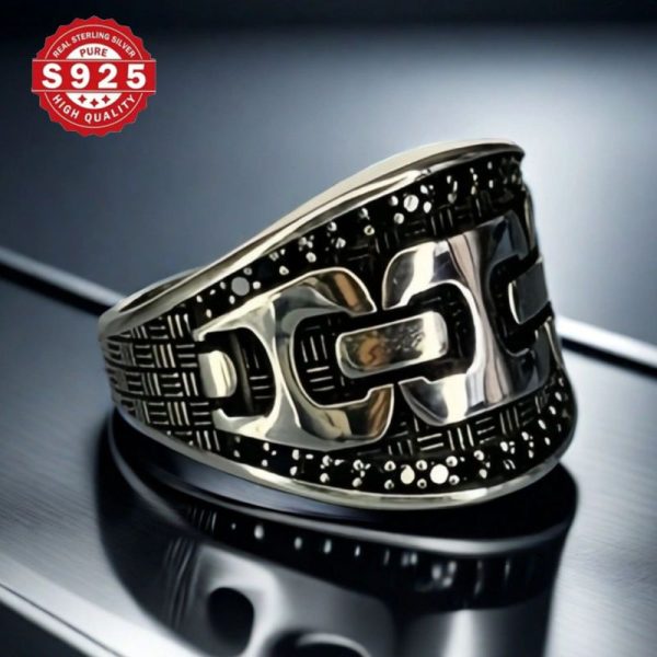 Vintage Style 925 Sterling Silvery Men's Ring, Agate Design, Unique Handmade Gothic Chain Pattern Jewelry, Men's Personality Ring - Image 9