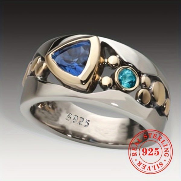 Vintage 925 Sterling Silver Dual Tone Ring with Triangular Cut Blue Synthetic Gemstone, Bohemian Style Single Piece