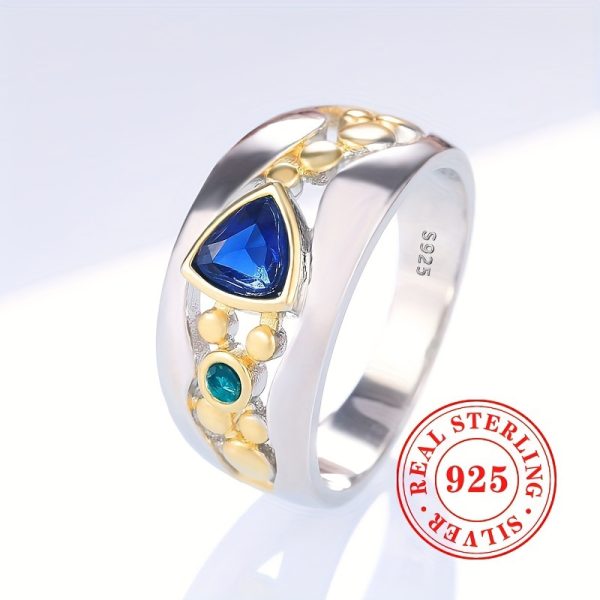 Vintage 925 Sterling Silver Dual Tone Ring with Triangular Cut Blue Synthetic Gemstone, Bohemian Style Single Piece - Image 3