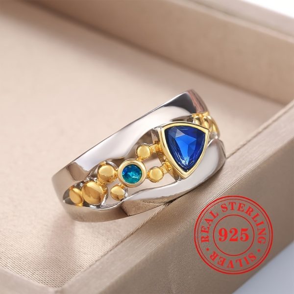Vintage 925 Sterling Silver Dual Tone Ring with Triangular Cut Blue Synthetic Gemstone, Bohemian Style Single Piece - Image 2