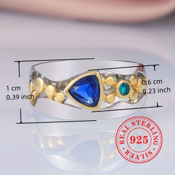 Vintage 925 Sterling Silver Dual Tone Ring with Triangular Cut Blue Synthetic Gemstone, Bohemian Style Single Piece - Image 7
