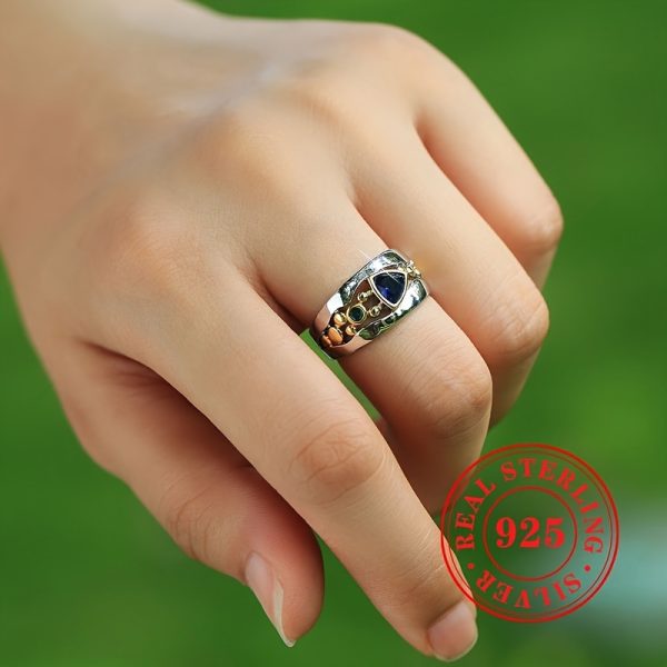 Vintage 925 Sterling Silver Dual Tone Ring with Triangular Cut Blue Synthetic Gemstone, Bohemian Style Single Piece - Image 4