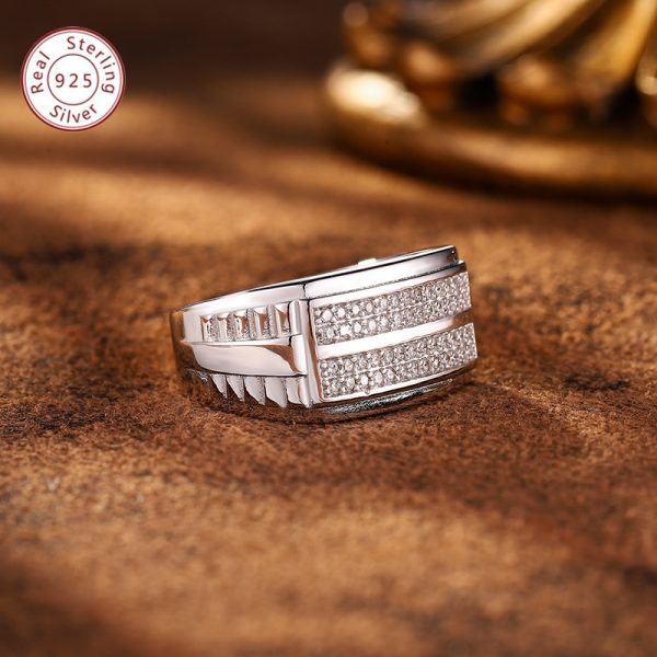 1pc Men'S Wide Ring, 925 Sterling Silvery, Inlaid With Double-row 20-cent Mosan Stone, Versatile Design Ring, Suitable For Daily Wear, Banquets, Engagement Weddings, Valentine'S Day/Father'S Day/Christmas/New Year, Etc., The Ring Weighs 0.35 oz. - Image 4