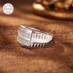 1pc Men'S Wide Ring, 925 Sterling Silvery, Inlaid With Double-row 20-cent Mosan Stone, Versatile Design Ring, Suitable For Daily Wear, Banquets, Engagement Weddings, Valentine'S Day/Father'S Day/Christmas/New Year, Etc., The Ring Weighs 0.35 oz.