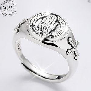 XKV Adjustable 925 Sterling Silver Ring with Divine Praying Hands Design, Gothic Style, White Golden Plated - Elegant Jewelry for Daily Wear, Gothic Style