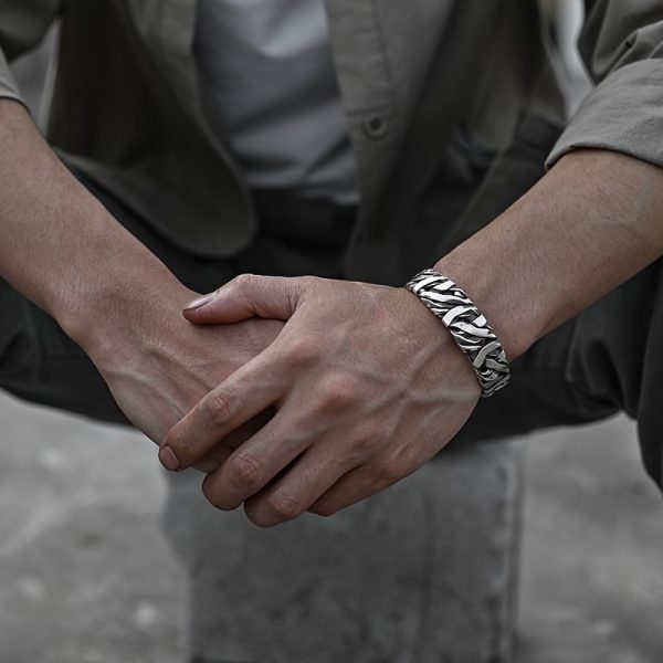 Vintage S925 Sterling Silver Men's Bracelet, Handcrafted Look, Adjustable Open Cuff Wristband, Latest Fashion, Woven, Unique - Image 4