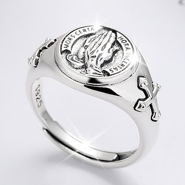 XKV Adjustable 925 Sterling Silver Ring with Divine Praying Hands Design, Gothic Style, White Golden Plated - Elegant Jewelry for Daily Wear, Gothic Style - Image 5