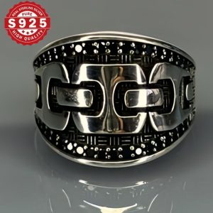 Vintage Style 925 Sterling Silvery Men's Ring, Agate Design, Unique Handmade Gothic Chain Pattern Jewelry, Men's Personality Ring