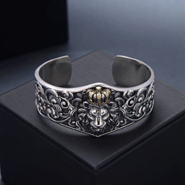 1pc Vintage Style S925 Sterling Silver Adjustable Cuff Bracelet, Lion Head Open Bangle, Fashionable All-Match, Ideal Men'S Gift, Hypoallergenic, Nickel-Free, Durable Jewelry - Image 2