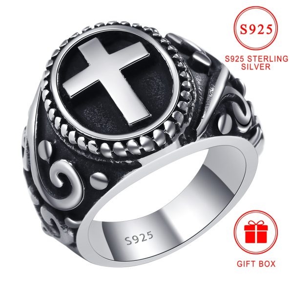 Vintage Style 925 Sterling Silver Cross Ring, Classic Religious Symbol Band, Hypoallergenic Nickel-Free, Unisex Inspirational Faith Ring, with Gift Box Included for Daily Wear & Gifting, Thanksgiving Holiday Gift - Image 2