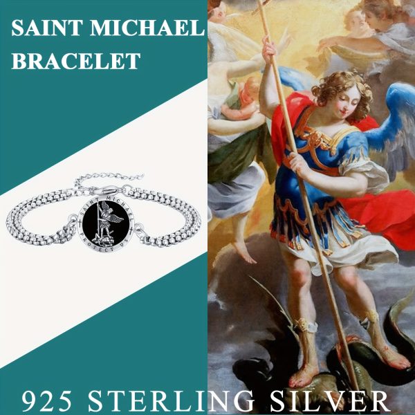 925 Sterling Silver Black Onyx St Michael Bracelet For Men With 3mm Width Double Stainless Steel Rolo Chain 7+2 Inches - Image 5
