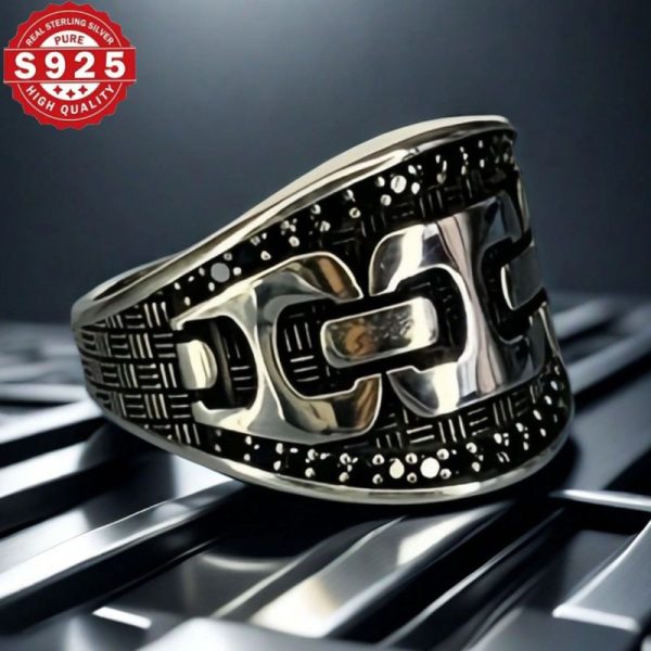 Vintage Style 925 Sterling Silvery Men's Ring, Agate Design, Unique Handmade Gothic Chain Pattern Jewelry, Men's Personality Ring - Image 8