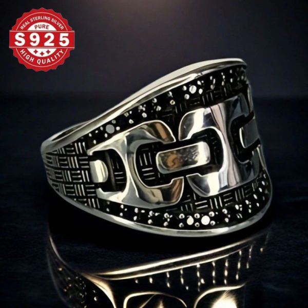 Vintage Style 925 Sterling Silvery Men's Ring, Agate Design, Unique Handmade Gothic Chain Pattern Jewelry, Men's Personality Ring - Image 6