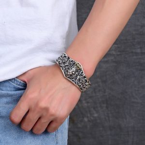 1pc Vintage Style S925 Sterling Silver Adjustable Cuff Bracelet, Lion Head Open Bangle, Fashionable All-Match, Ideal Men'S Gift, Hypoallergenic, Nickel-Free, Durable Jewelry