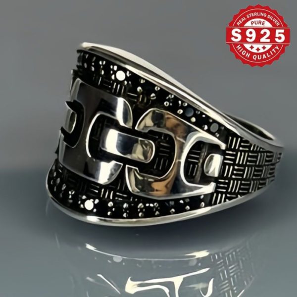 Vintage Style 925 Sterling Silvery Men's Ring, Agate Design, Unique Handmade Gothic Chain Pattern Jewelry, Men's Personality Ring - Image 3