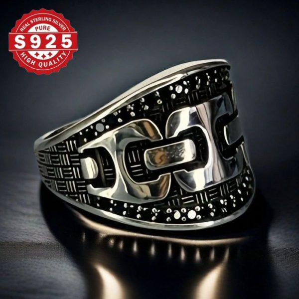 Vintage Style 925 Sterling Silvery Men's Ring, Agate Design, Unique Handmade Gothic Chain Pattern Jewelry, Men's Personality Ring - Image 5
