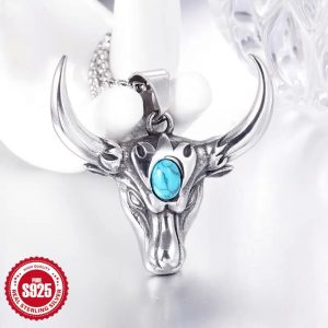 925 Silver Vintage Cow Head Necklace Exaggerate Hegemonic Personality Fashion Men and Women Pendant European and American Fashion Hip Hop Punk Style Necklace Is Suitable for Men and Women's Universal Valentine's Day Lovers To Wear Gifts for Daily Leisure