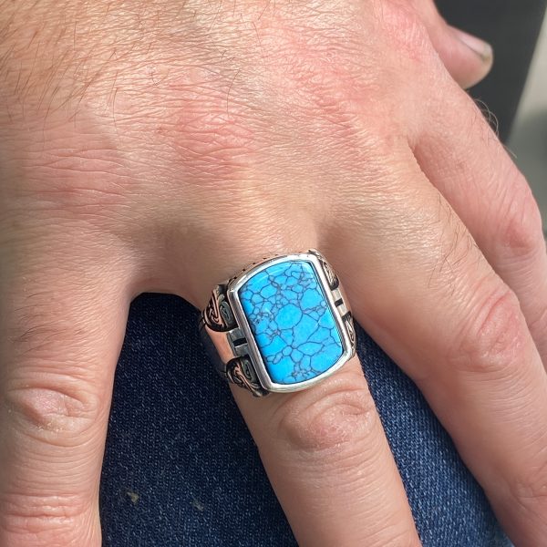 Vintage-Inspired Men's Turquoise Gemstone Ring - Handcrafted Alloy, Perfect Christmas Gift - Image 4