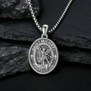 Saint Michael Medal Necklace 925 Sterling Silvery St Michael Pendant Necklace Religious Protector Jewelry Gift for Women Men