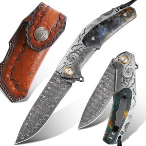 High Quality Men'S Folding Pocket Knife, 3.6 Inch Damascus Steel Folding Knife With Cowhide Sheath, Sea Wave Engraving Pattern, Stabilized Wood Handle With Pocket Clip, Suitable For Camping And Hiking, EDC Expedition Fishing Tool, Gift Giving