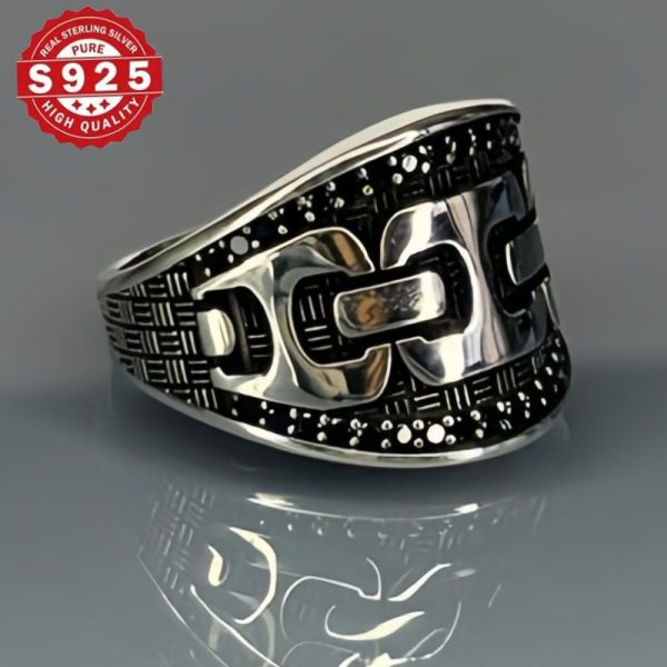 Vintage Style 925 Sterling Silvery Men's Ring, Agate Design, Unique Handmade Gothic Chain Pattern Jewelry, Men's Personality Ring - Image 10