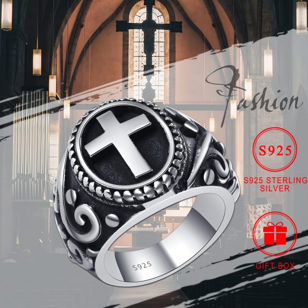 Vintage Style 925 Sterling Silver Cross Ring, Classic Religious Symbol Band, Hypoallergenic Nickel-Free, Unisex Inspirational Faith Ring, with Gift Box Included for Daily Wear & Gifting, Thanksgiving Holiday Gift - Image 3