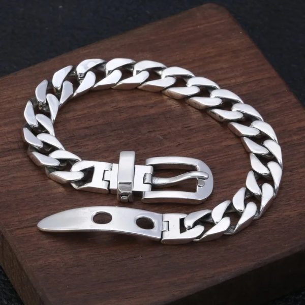Stylish Men's 925 Sterling Silver Bracelet with Unique Belt Buckle Design, Hypoallergenic - Perfect for Couples, Silvery - Image 2