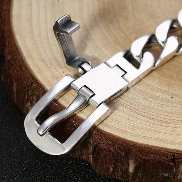 Stylish Men's 925 Sterling Silver Bracelet with Unique Belt Buckle Design, Hypoallergenic - Perfect for Couples, Silvery - Image 5