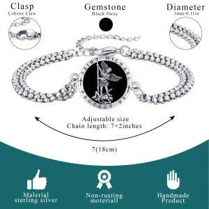 925 Sterling Silver Black Onyx St Michael Bracelet For Men With 3mm Width Double Stainless Steel Rolo Chain 7+2 Inches