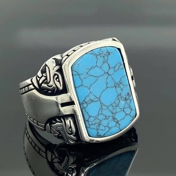 Vintage-Inspired Men's Turquoise Gemstone Ring - Handcrafted Alloy, Perfect Christmas Gift - Image 11