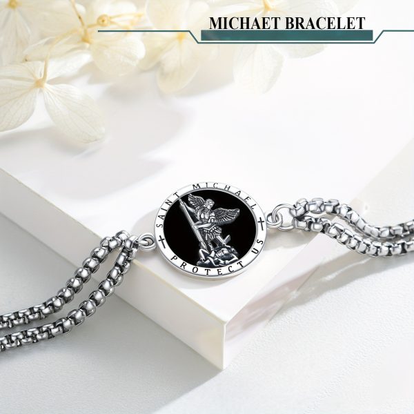 925 Sterling Silver Black Onyx St Michael Bracelet For Men With 3mm Width Double Stainless Steel Rolo Chain 7+2 Inches - Image 4