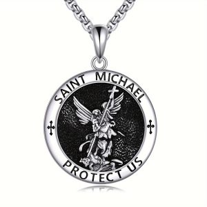 Pure Silvery St. Michael Necklace Amulet Protects Us Necklace Patron Angel Pendant Christian Jewelry Birthday Men's Gift