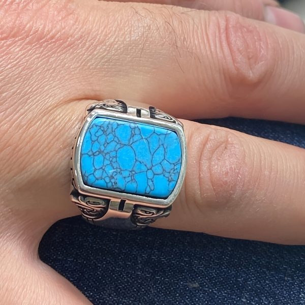 Vintage-Inspired Men's Turquoise Gemstone Ring - Handcrafted Alloy, Perfect Christmas Gift - Image 5