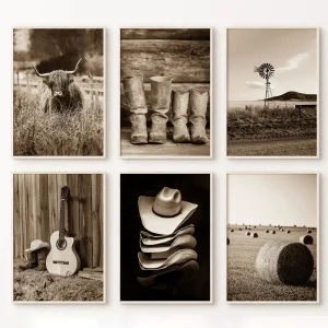 Vintage Southwest Cowboy Hat Boots Highland Cow Rustic Western Landscape Canvas Poster Wall Pictures Farmhouse Home Decor