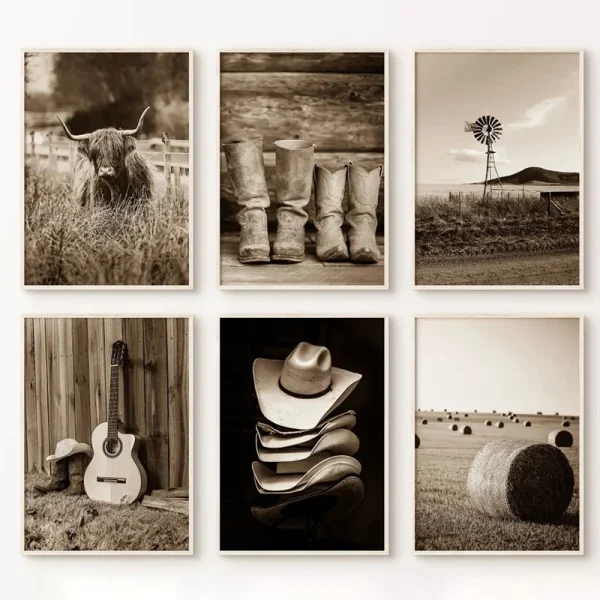 Vintage Southwest Cowboy Hat Boots Highland Cow Rustic Western Landscape Canvas Poster Wall Pictures Farmhouse Home Decor