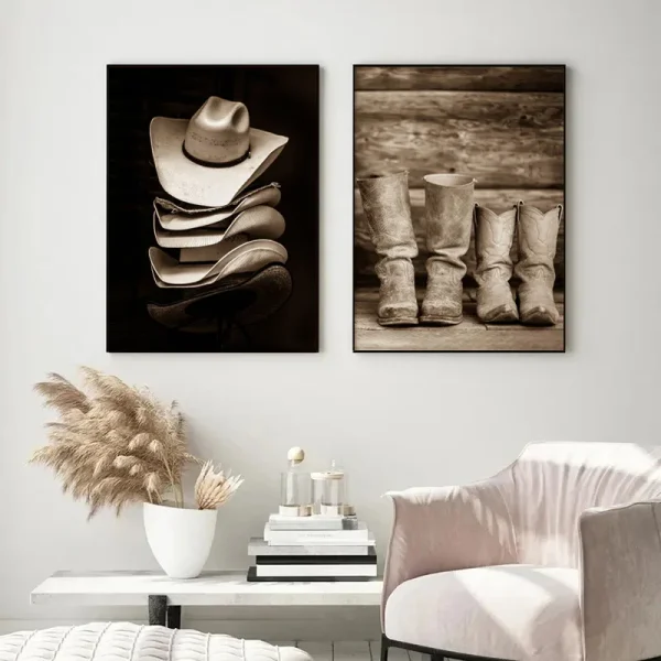 Vintage Southwest Cowboy Hat Boots Highland Cow Rustic Western Landscape Canvas Poster Wall Pictures Farmhouse Home Decor - Image 5