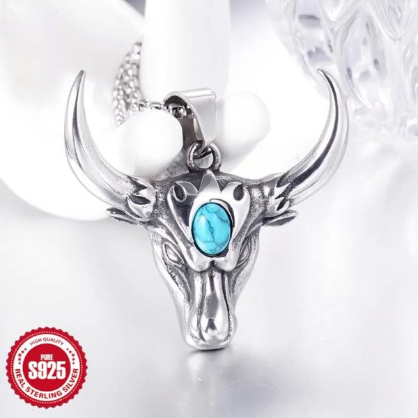 925 Silver Vintage Cow Head Necklace Exaggerate Hegemonic Personality Fashion Men and Women Pendant European and American Fashion Hip Hop Punk Style Necklace Is Suitable for Men and Women's Universal Valentine's Day Lovers To Wear Gifts for Daily Leisure