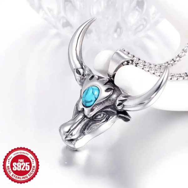 925 Silver Vintage Cow Head Necklace Exaggerate Hegemonic Personality Fashion Men and Women Pendant European and American Fashion Hip Hop Punk Style Necklace Is Suitable for Men and Women's Universal Valentine's Day Lovers To Wear Gifts for Daily Leisure - Image 2