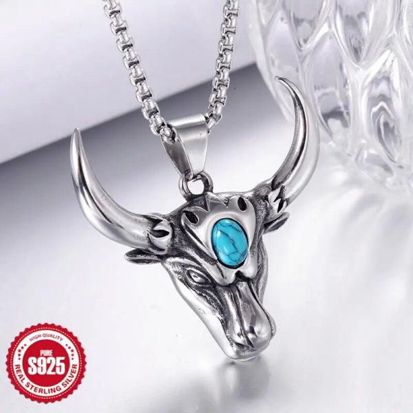 925 Silver Vintage Cow Head Necklace Exaggerate Hegemonic Personality Fashion Men and Women Pendant European and American Fashion Hip Hop Punk Style Necklace Is Suitable for Men and Women's Universal Valentine's Day Lovers To Wear Gifts for Daily Leisure - Image 4
