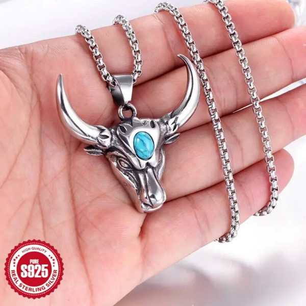925 Silver Vintage Cow Head Necklace Exaggerate Hegemonic Personality Fashion Men and Women Pendant European and American Fashion Hip Hop Punk Style Necklace Is Suitable for Men and Women's Universal Valentine's Day Lovers To Wear Gifts for Daily Leisure - Image 3