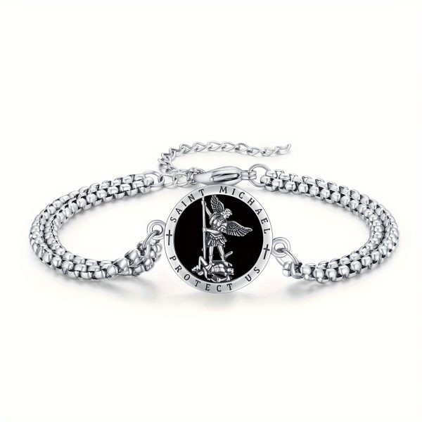 925 Sterling Silver Black Onyx St Michael Bracelet For Men With 3mm Width Double Stainless Steel Rolo Chain 7+2 Inches - Image 2